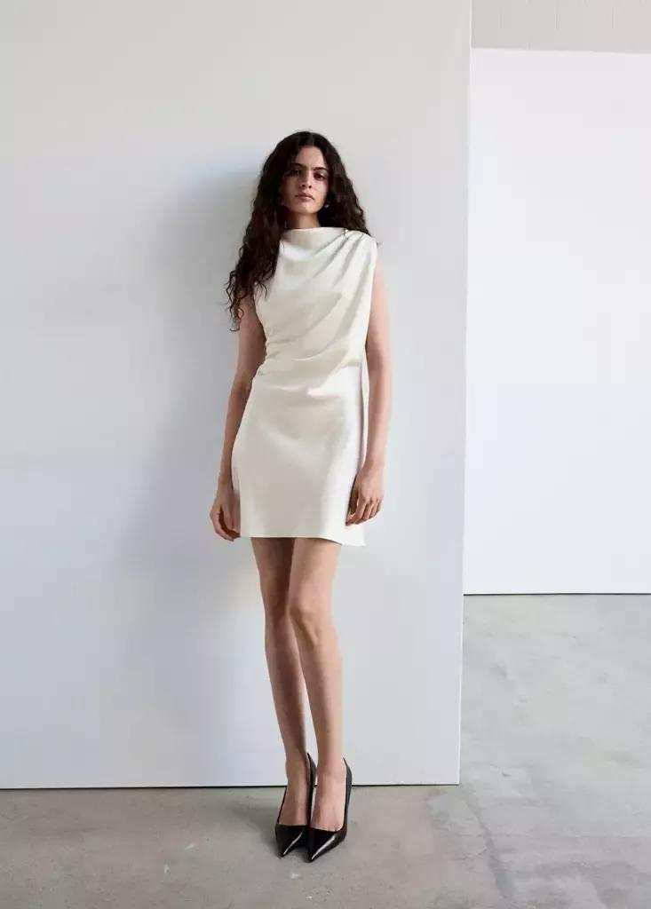 Ecru Ruched Dress With Draped Neckline, Light Beige, large image number 0