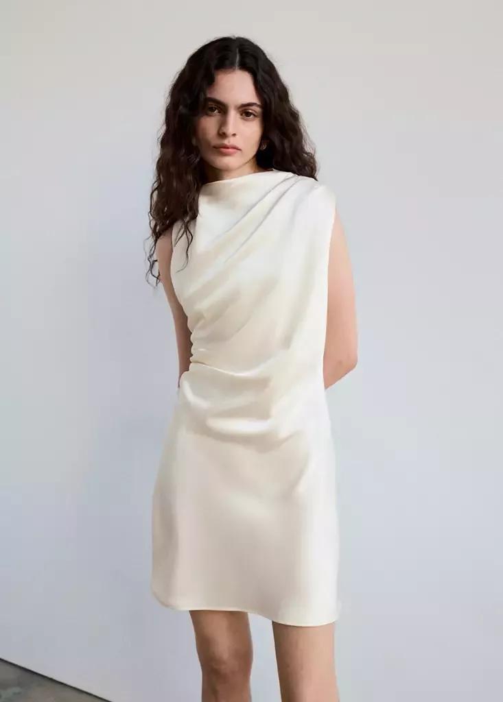 Ecru Ruched Dress With Draped Neckline, Light Beige, large image number 1