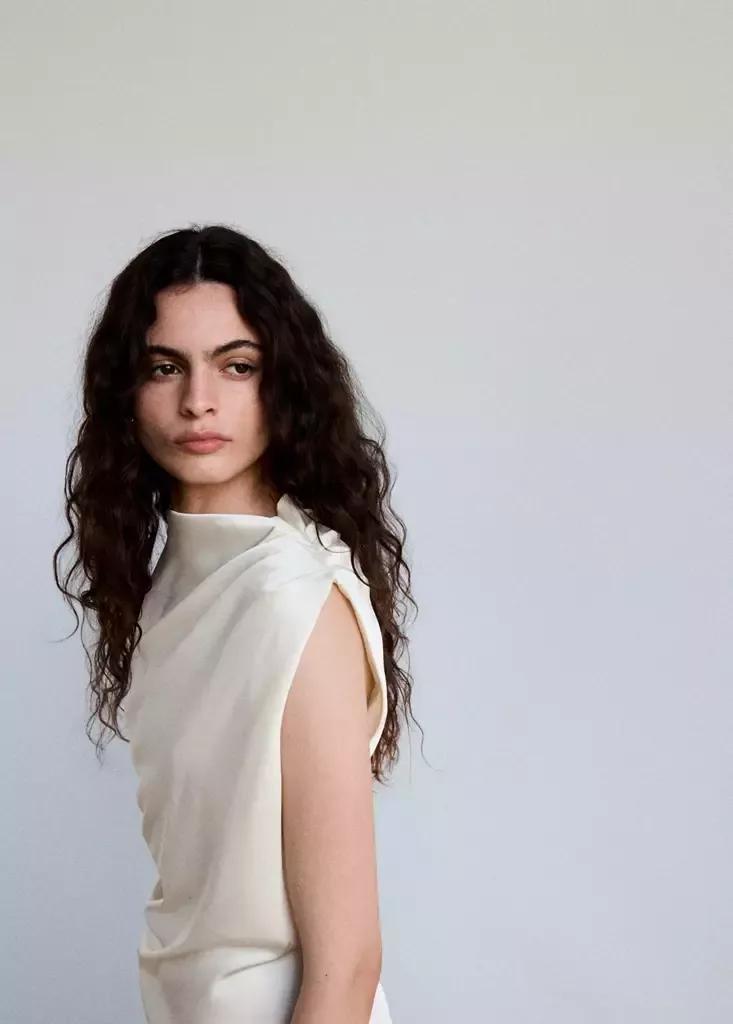 Ecru Ruched Dress With Draped Neckline, Light Beige, large image number 3