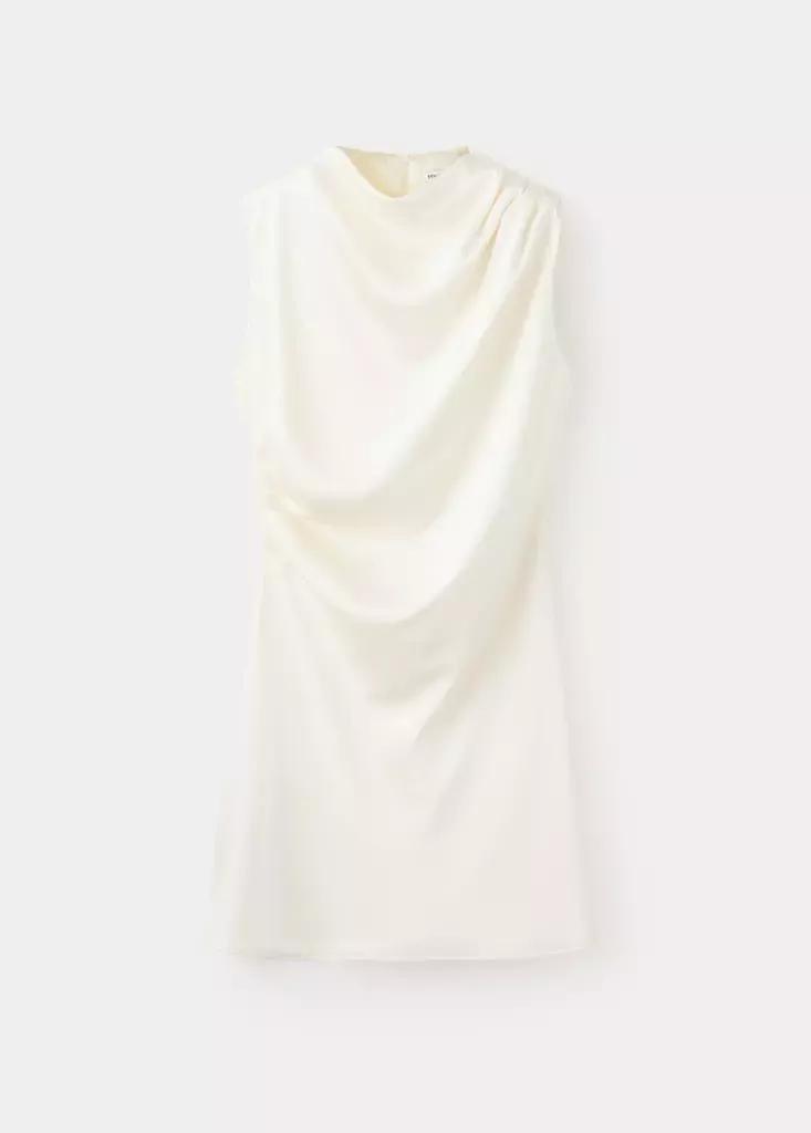 Ecru Ruched Dress With Draped Neckline, Light Beige, large image number 5