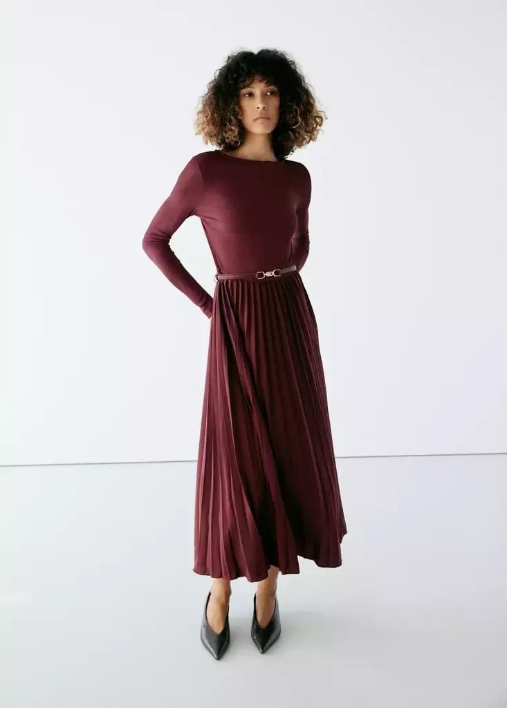 Red Pleated Panelled Dress, Dark Red, large image number 0
