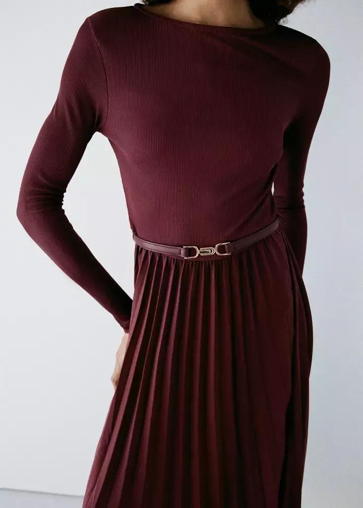 Red Pleated Panelled Dress, Dark Red, large image number 3