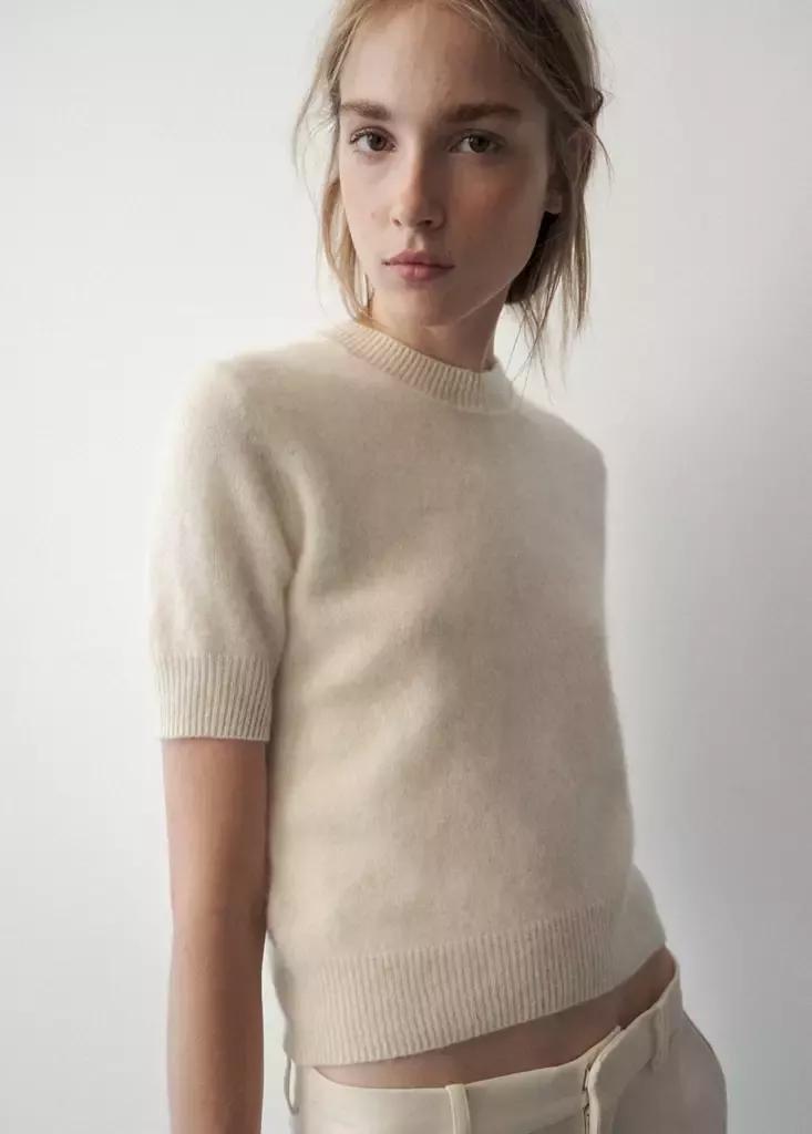 White Wool Short-Sleeved Sweater, White, medium