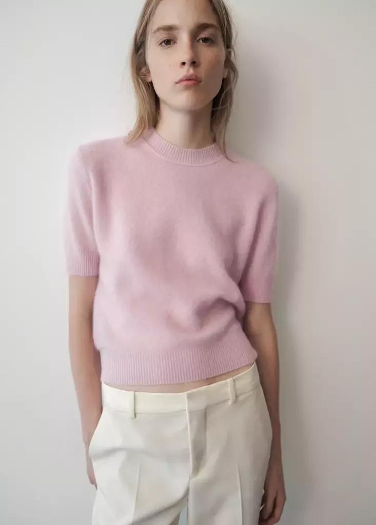 Pink Wool Short-Sleeved Sweater, Light-Pastel Pink, medium