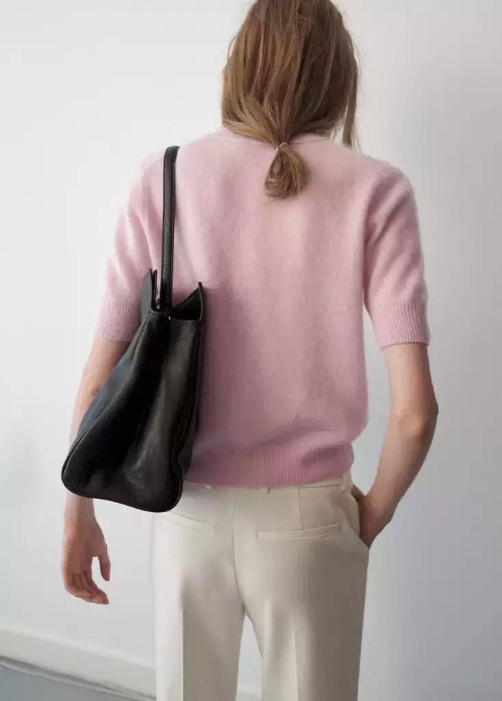Pink Wool Short-Sleeved Sweater, Light-Pastel Pink, medium
