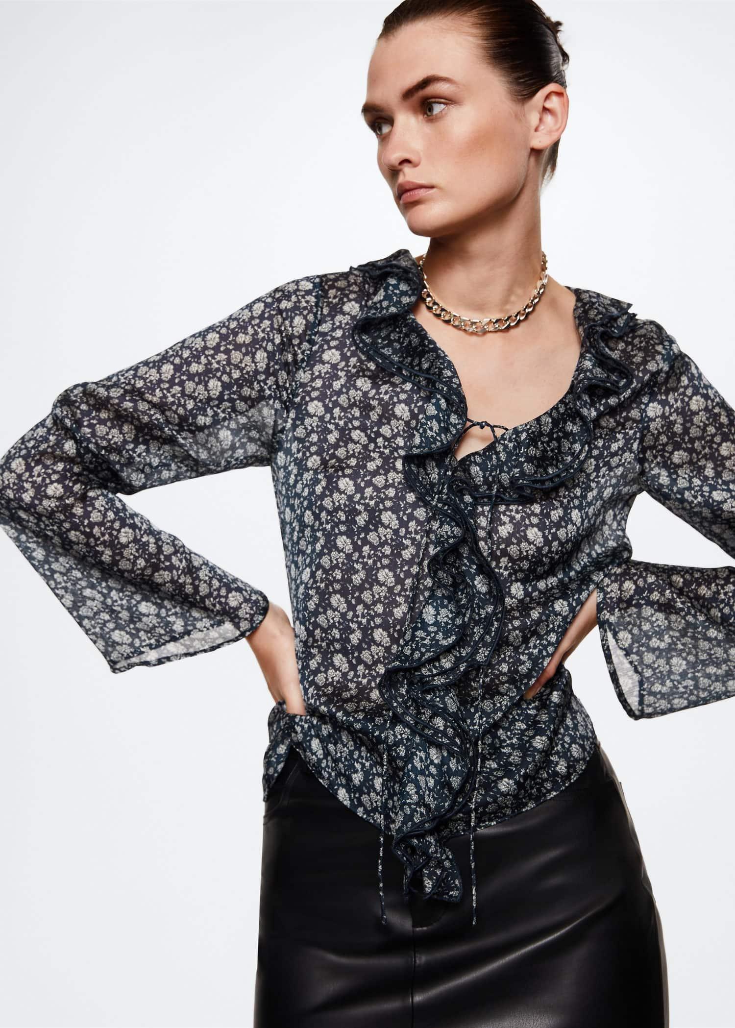 Blue Floral-Print Flowy Blouse, , large image number 1