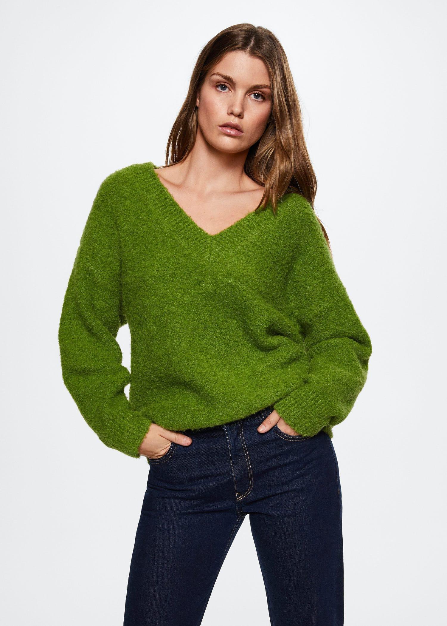 Mango Green V Neck Curly Knit Sweater Azadea Lebanon