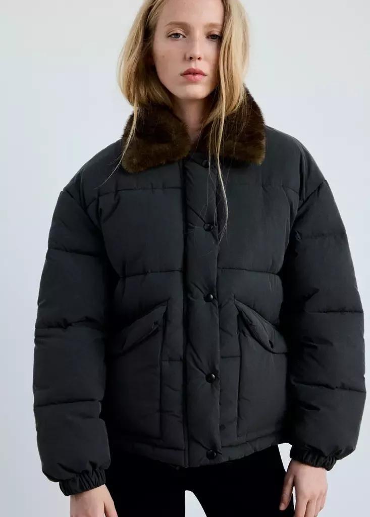 Grey Fur Collar Puffer Coat, Charcoal, medium