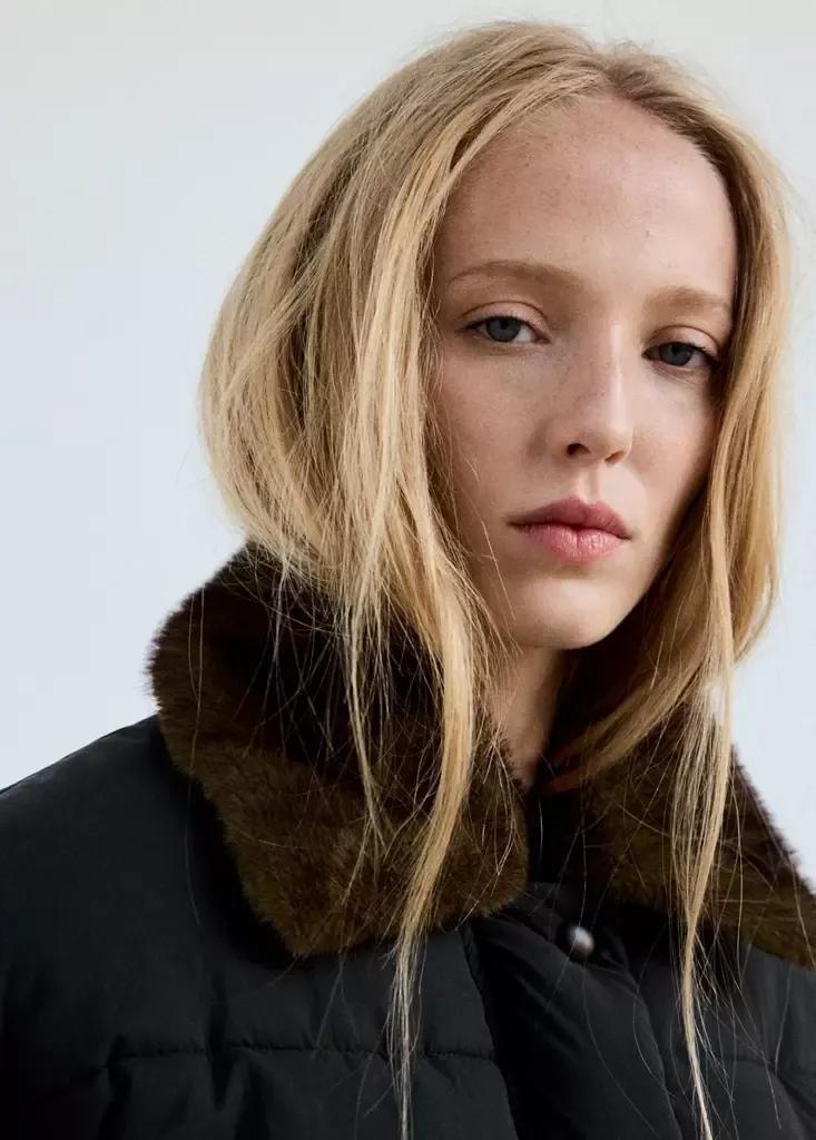 Grey Fur Collar Puffer Coat, Charcoal, large image number 3