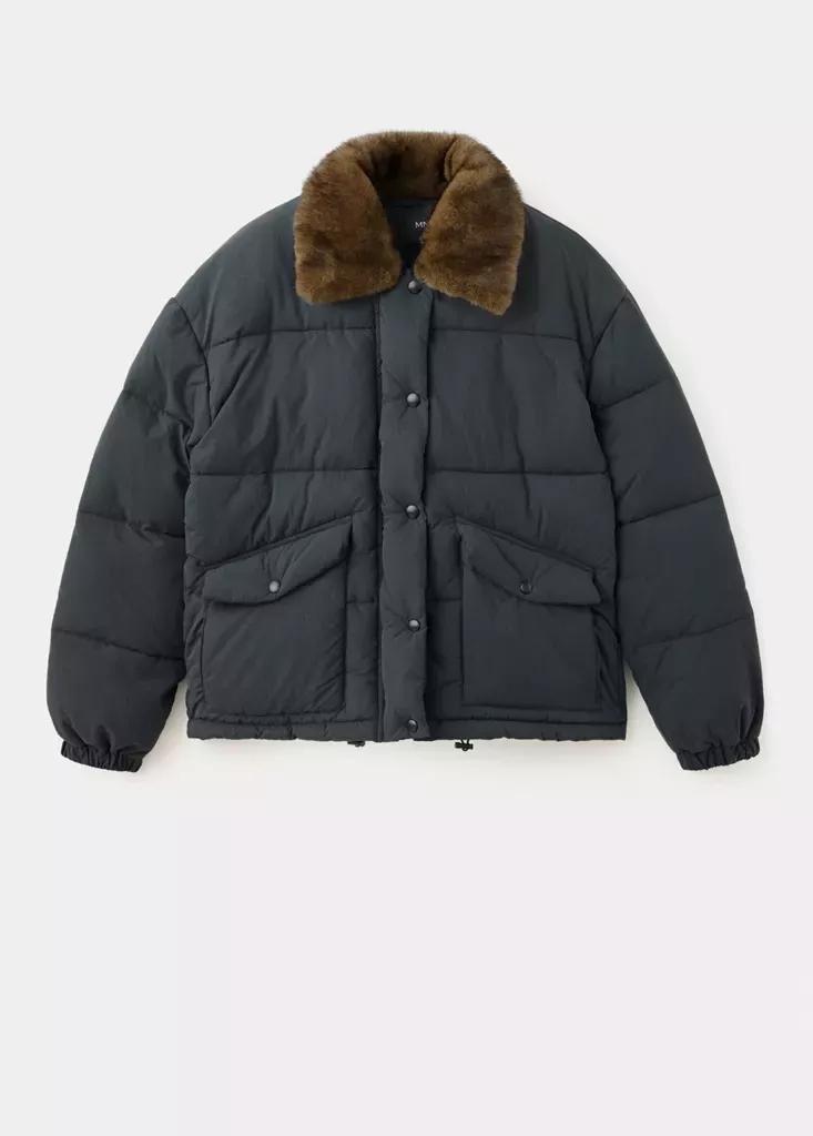 Grey Fur Collar Puffer Coat, Charcoal, large image number 5