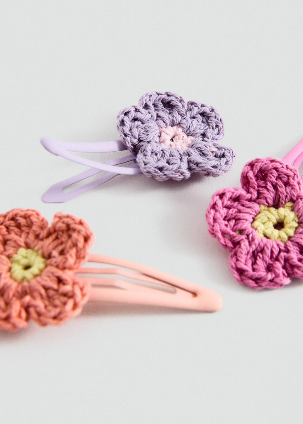 Pink Crochet Flower Clips, Set Of 3, Kids Girls, Pink, large image number 0