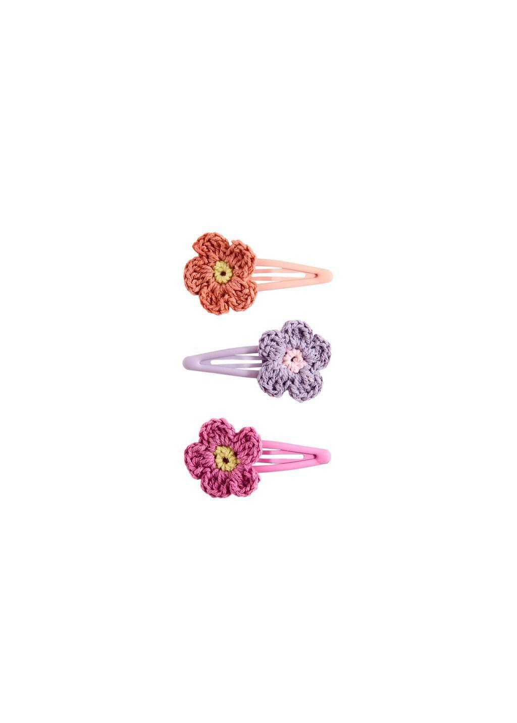 Pink Crochet Flower Clips, Set Of 3, Kids Girls, Pink, large image number 1