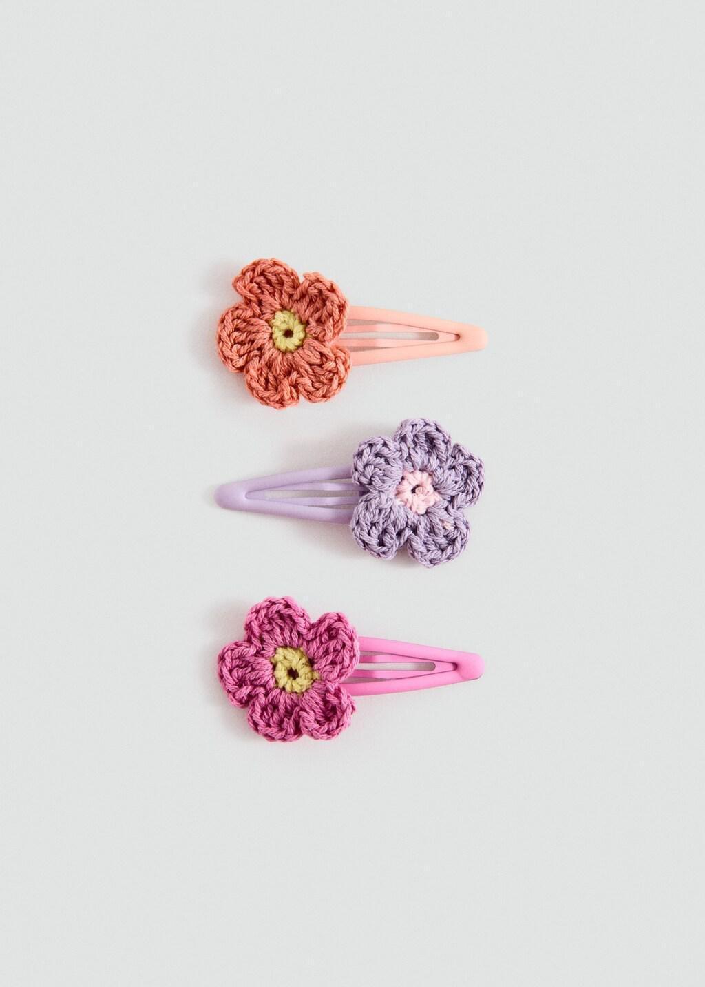 Pink Crochet Flower Clips, Set Of 3, Kids Girls, Pink, large image number 2