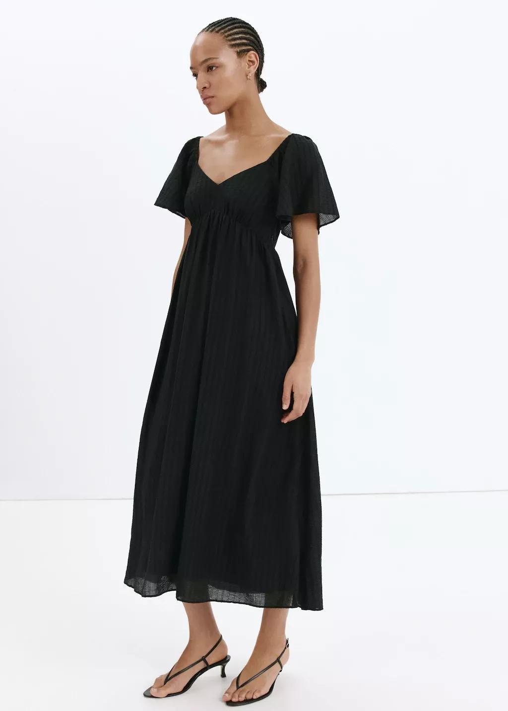 Black Textured Dress With Gathered Detail, Black, large image number 0