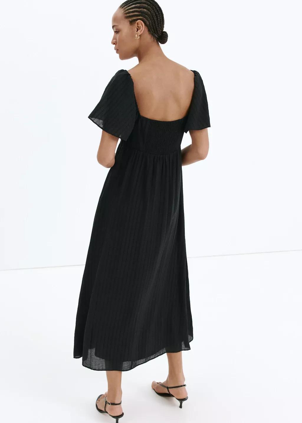 Black Textured Dress With Gathered Detail, Black, large image number 2