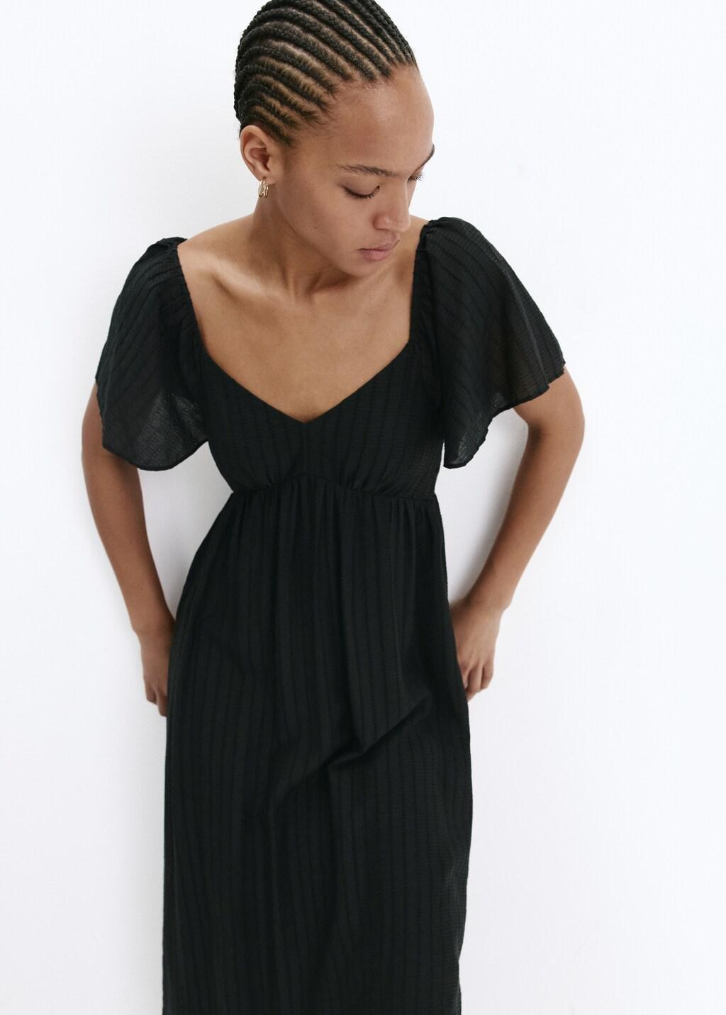 Black Textured Dress With Gathered Detail, Black, large image number 3