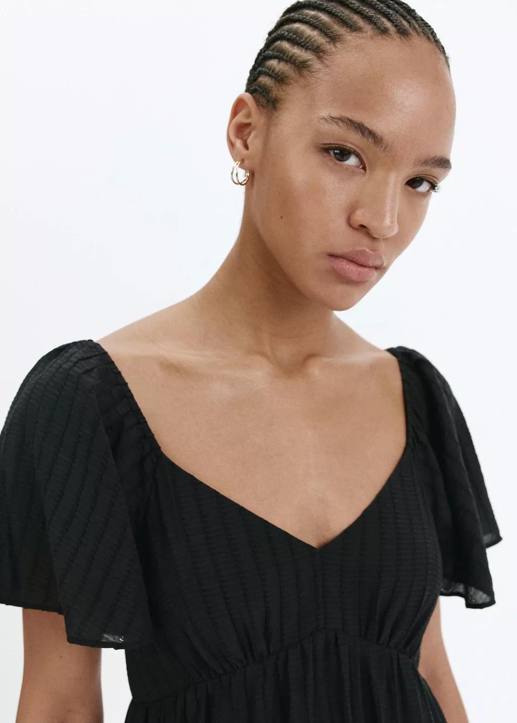 Black Textured Dress With Gathered Detail, Black, large image number 4