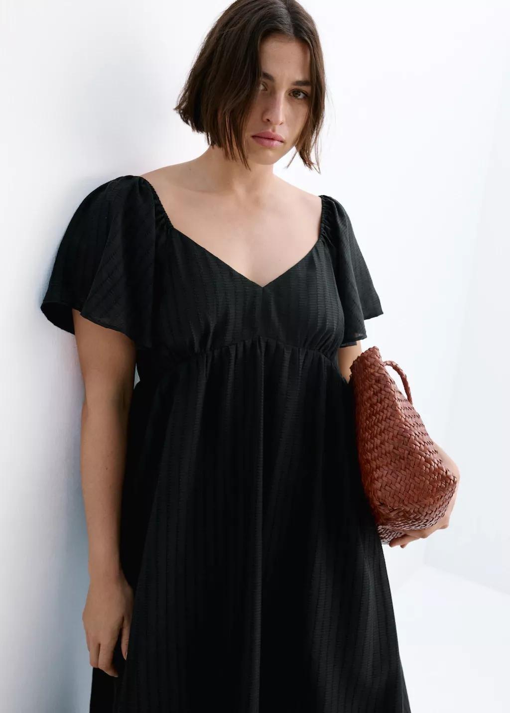 Black Textured Dress With Gathered Detail, Black, large image number 6