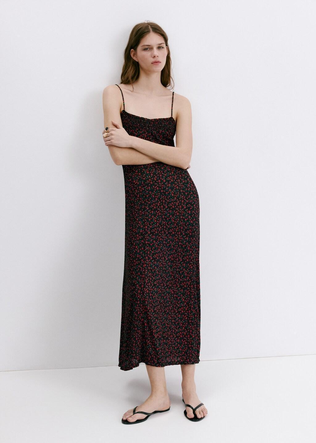 Black Floral Midi-Dress With Gathered Neckline, Black, large image number 0