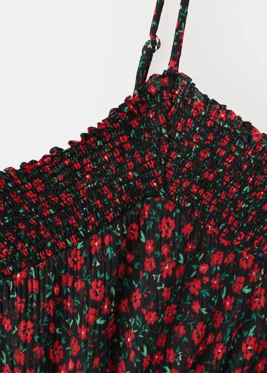 Black Floral Midi-Dress With Gathered Neckline, Black, large image number 1