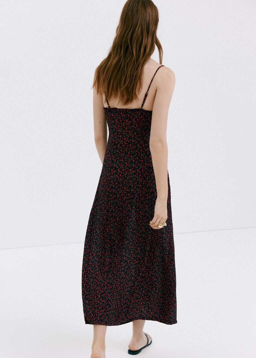 Black Floral Midi-Dress With Gathered Neckline, Black, large image number 2