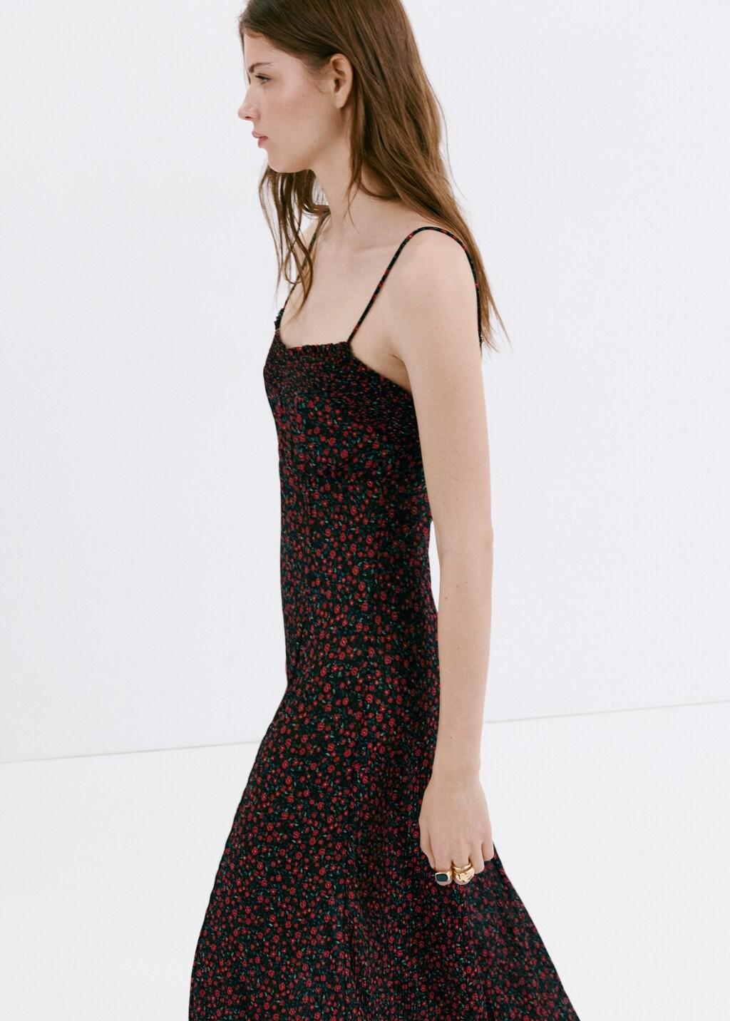 Black Floral Midi-Dress With Gathered Neckline, Black, large image number 3