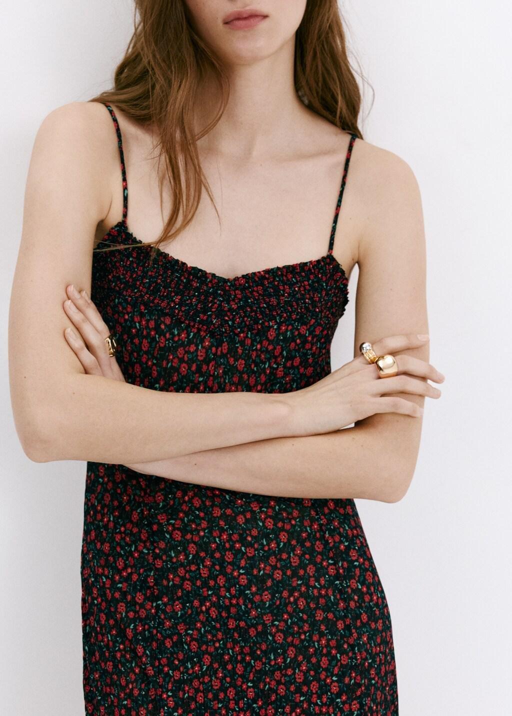 Black Floral Midi-Dress With Gathered Neckline, Black, large image number 4