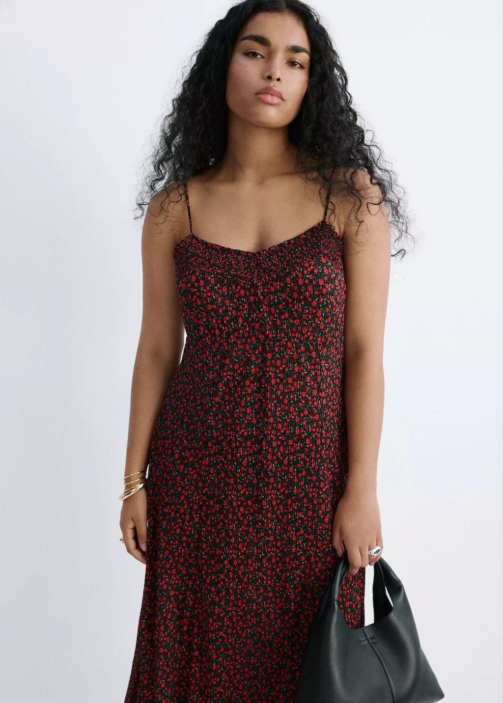 Black Floral Midi-Dress With Gathered Neckline, Black, large image number 6