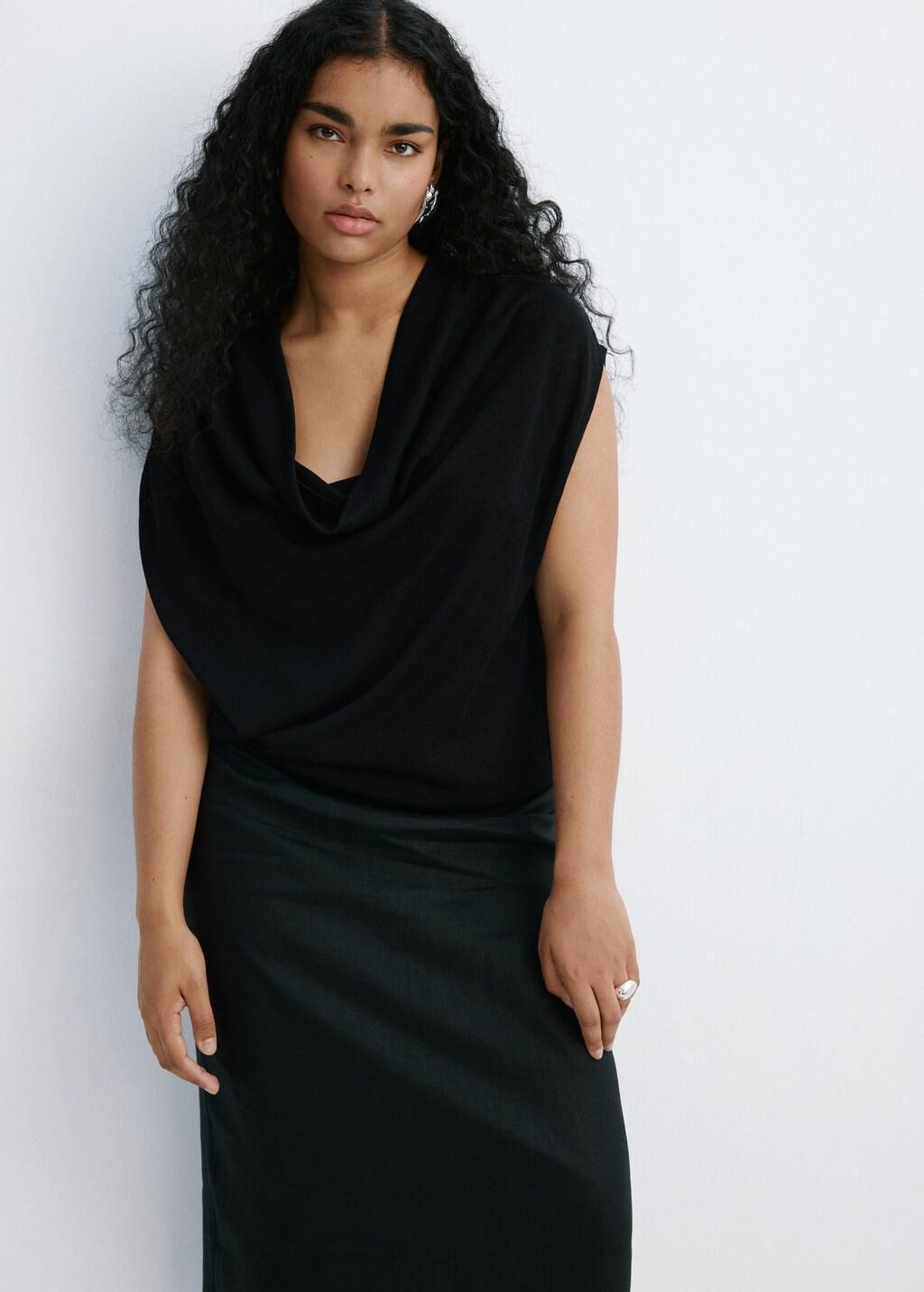 Black Knitted Sweater With Draped Neck, Black, large image number 0