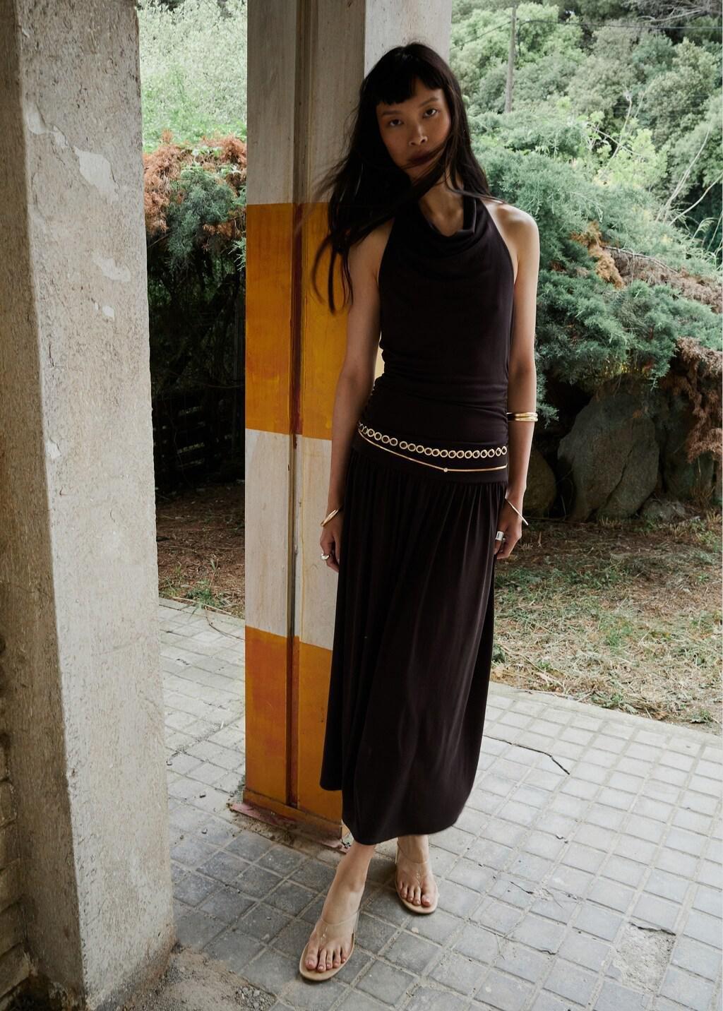 Brown Draped Halter Dress, Brown, medium