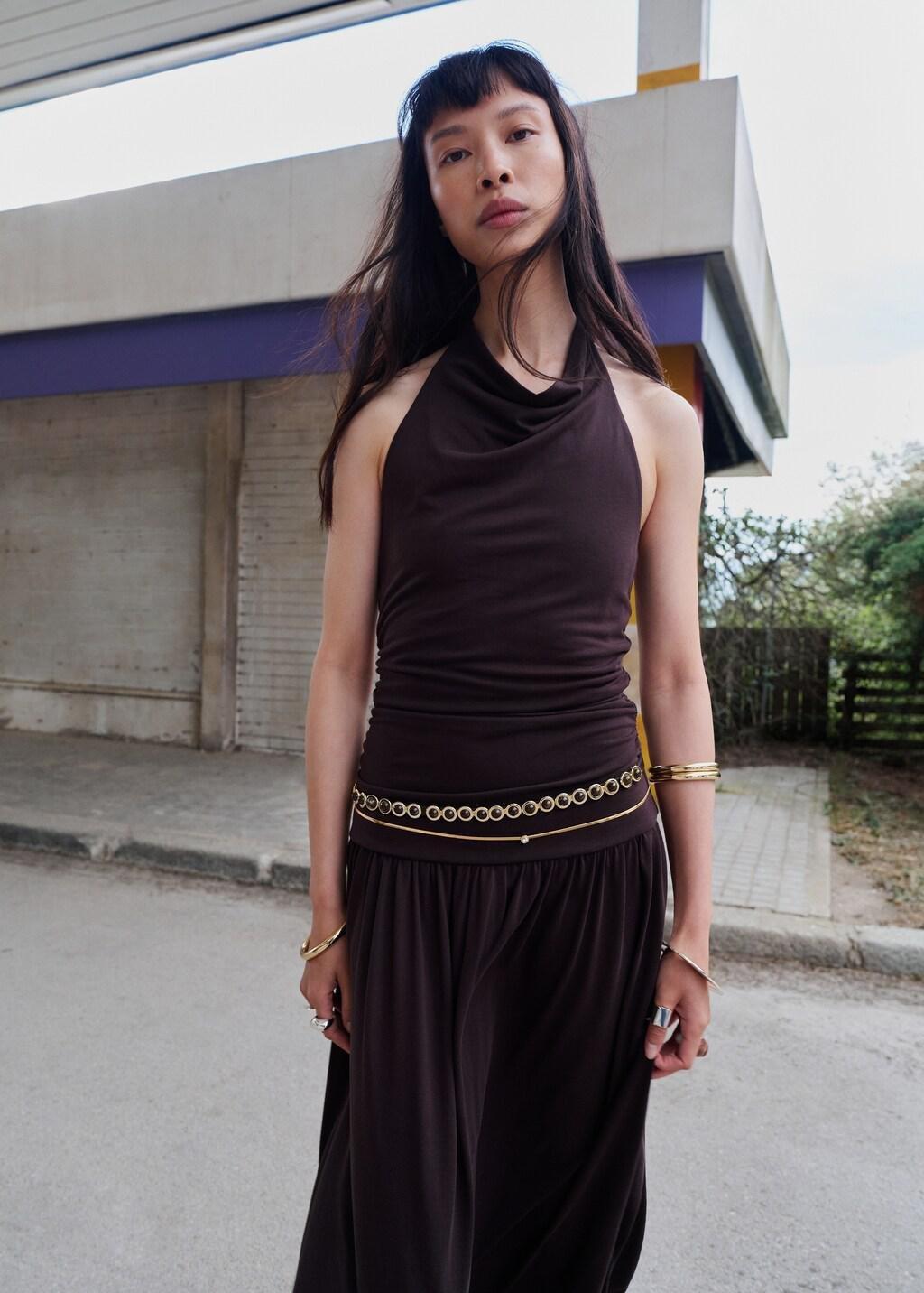 Brown Draped Halter Dress, Brown, large image number 3
