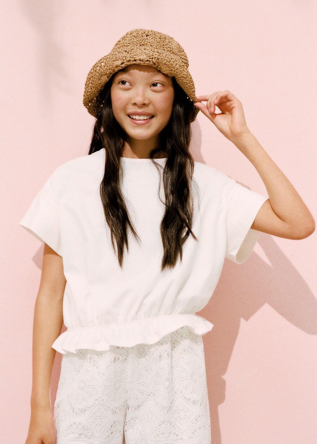 White Cotton Ruched Hem T-Shirt, Kids Girls, Natural White, large image number 4