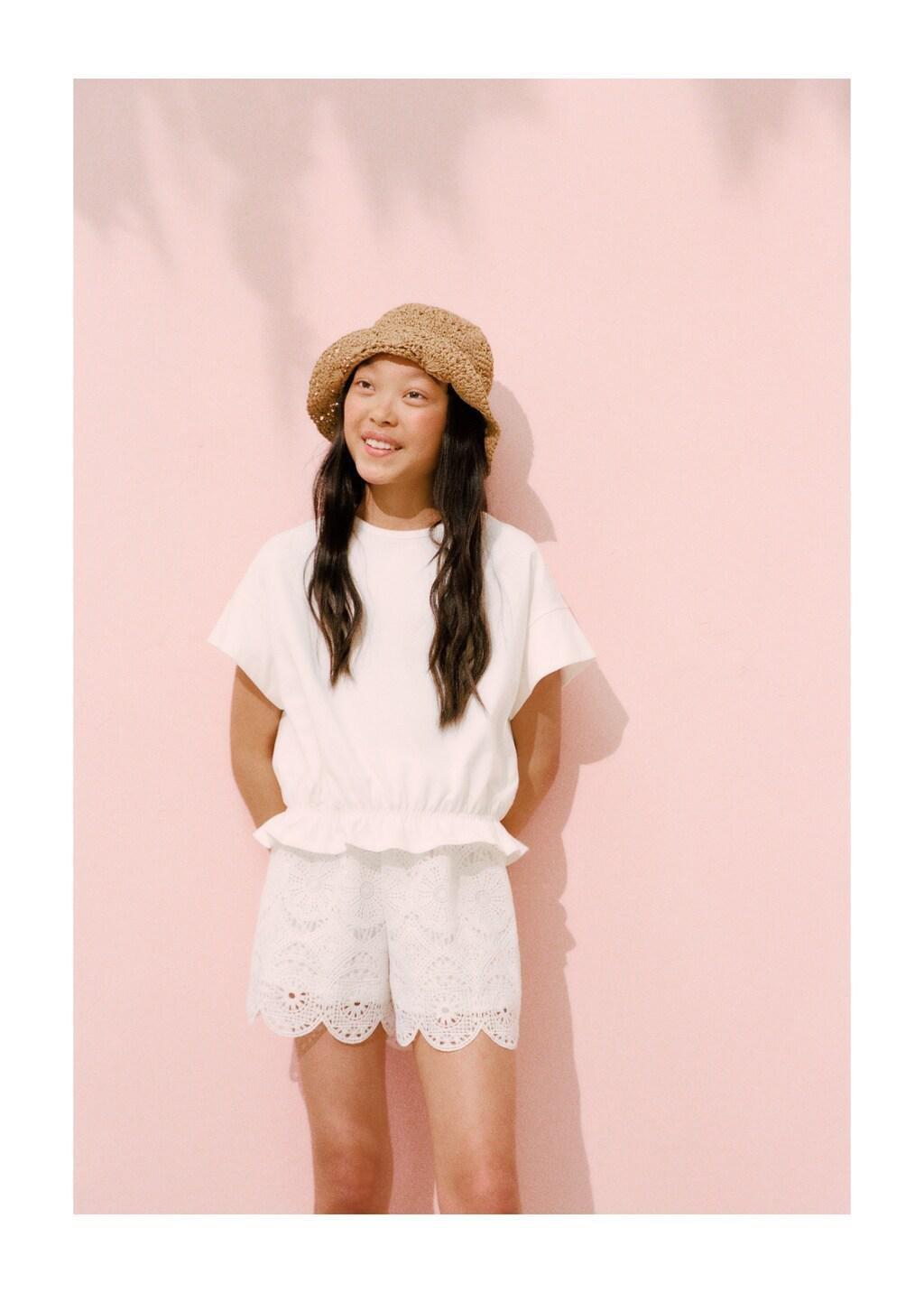 White Cotton Ruched Hem T-Shirt, Kids Girls, Natural White, large image number 5