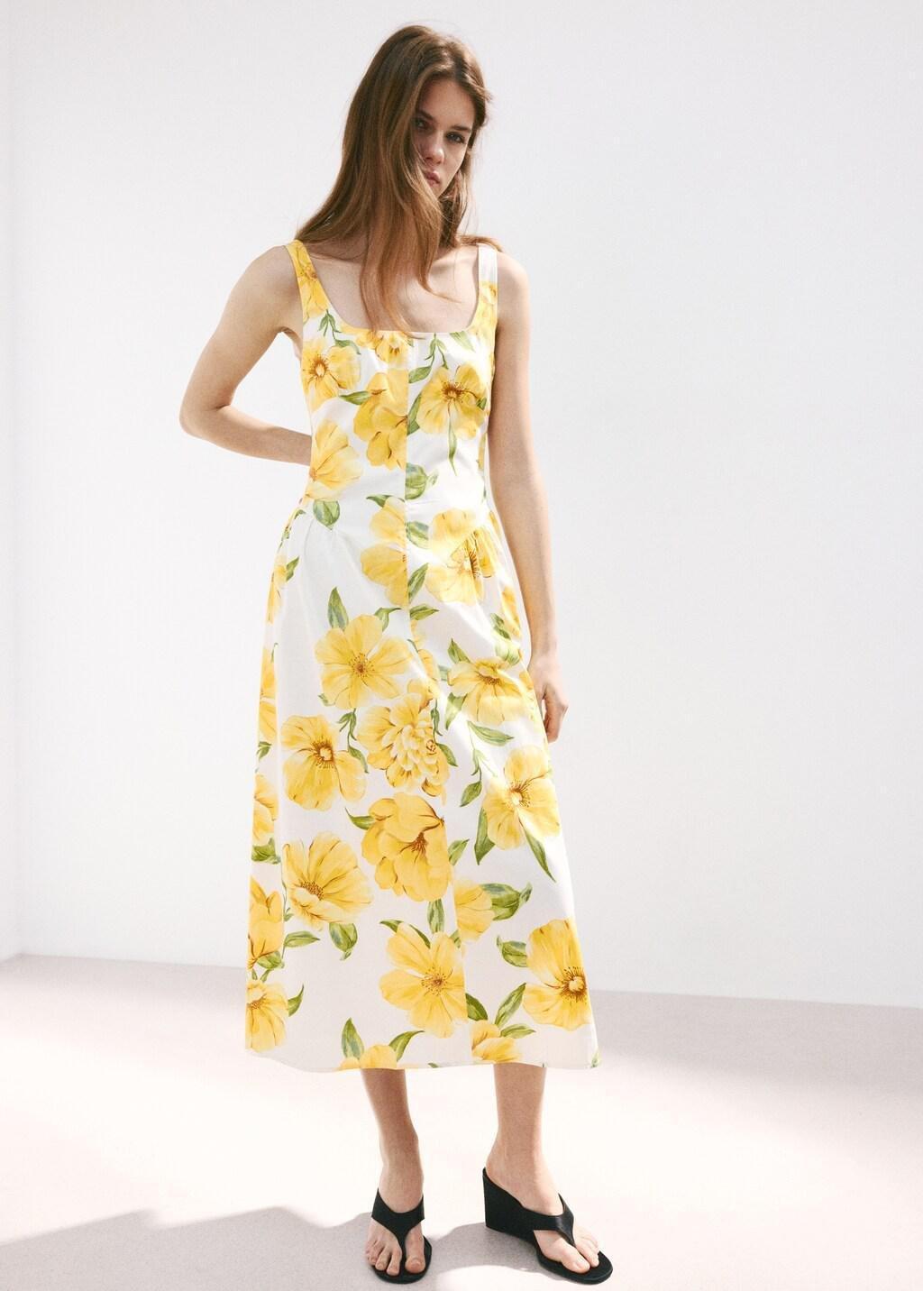 YELLOW Floral-print dress with gathered waist, Yellow, large image number 0