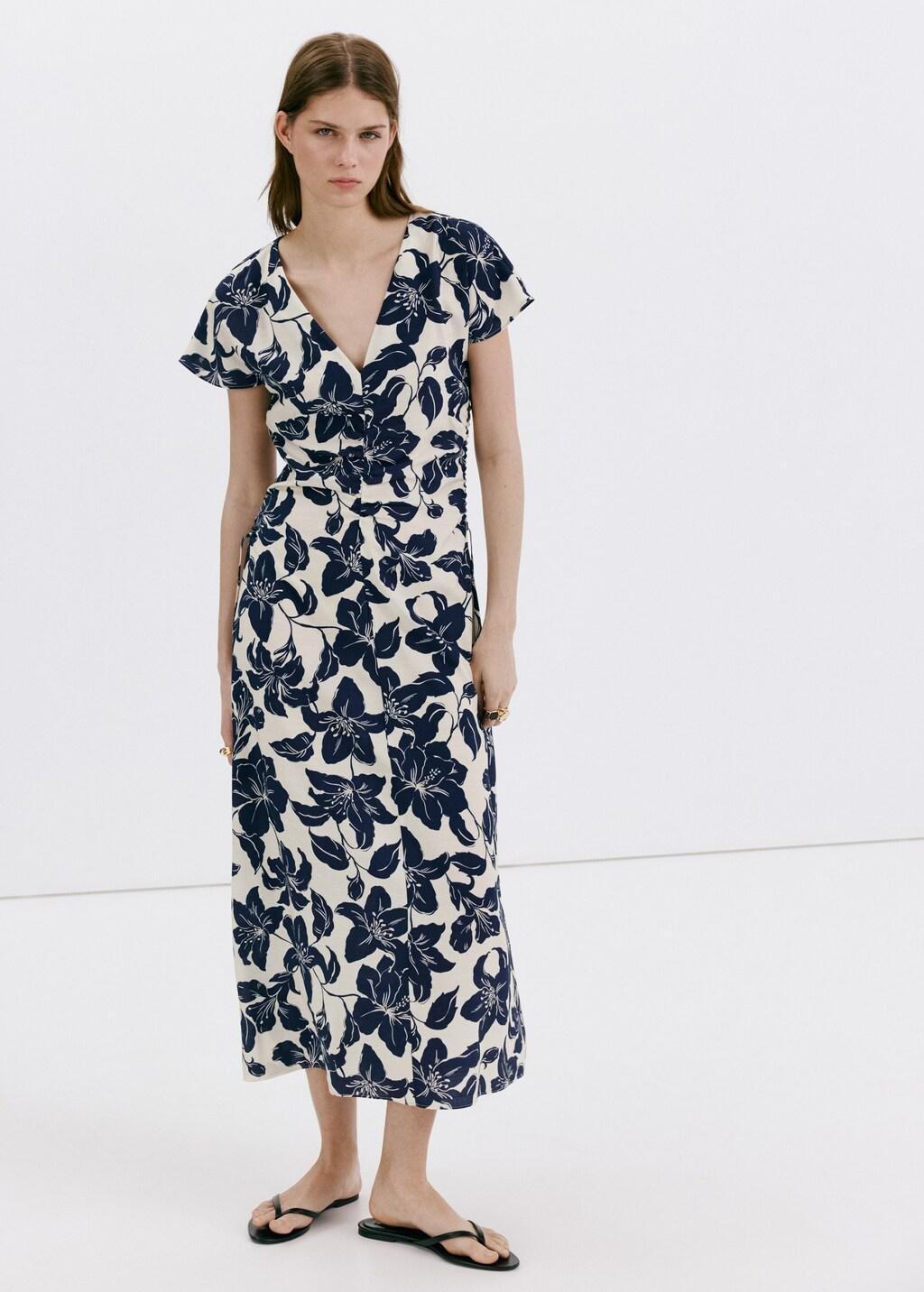 Beige Side Ruched Floral Dress, Light Beige, large image number 0