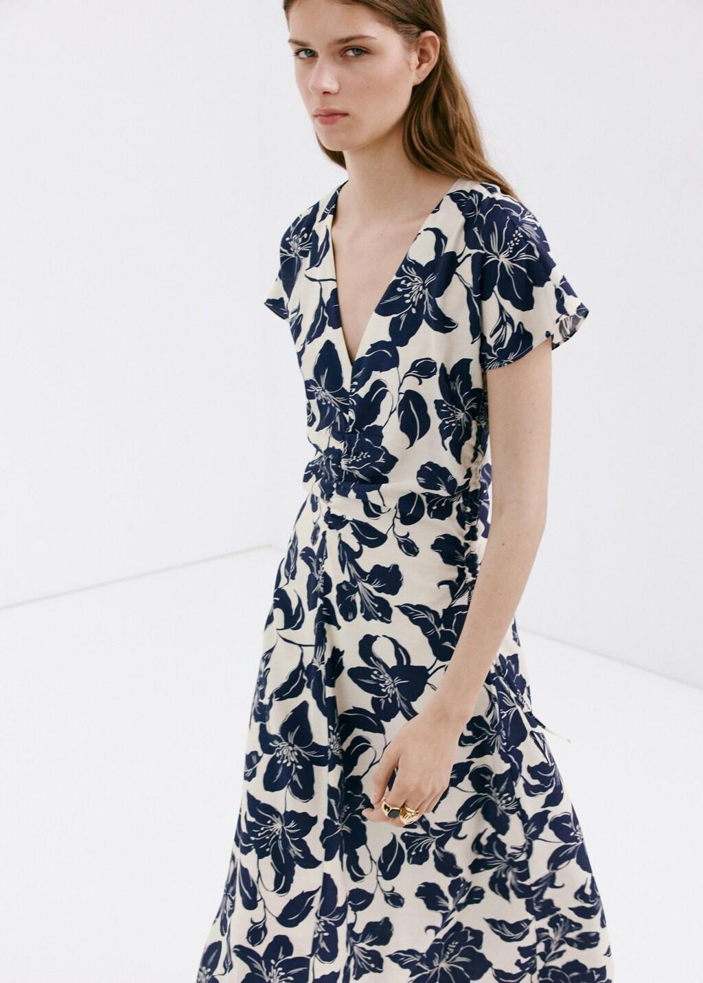 Beige Side Ruched Floral Dress, Light Beige, large image number 3