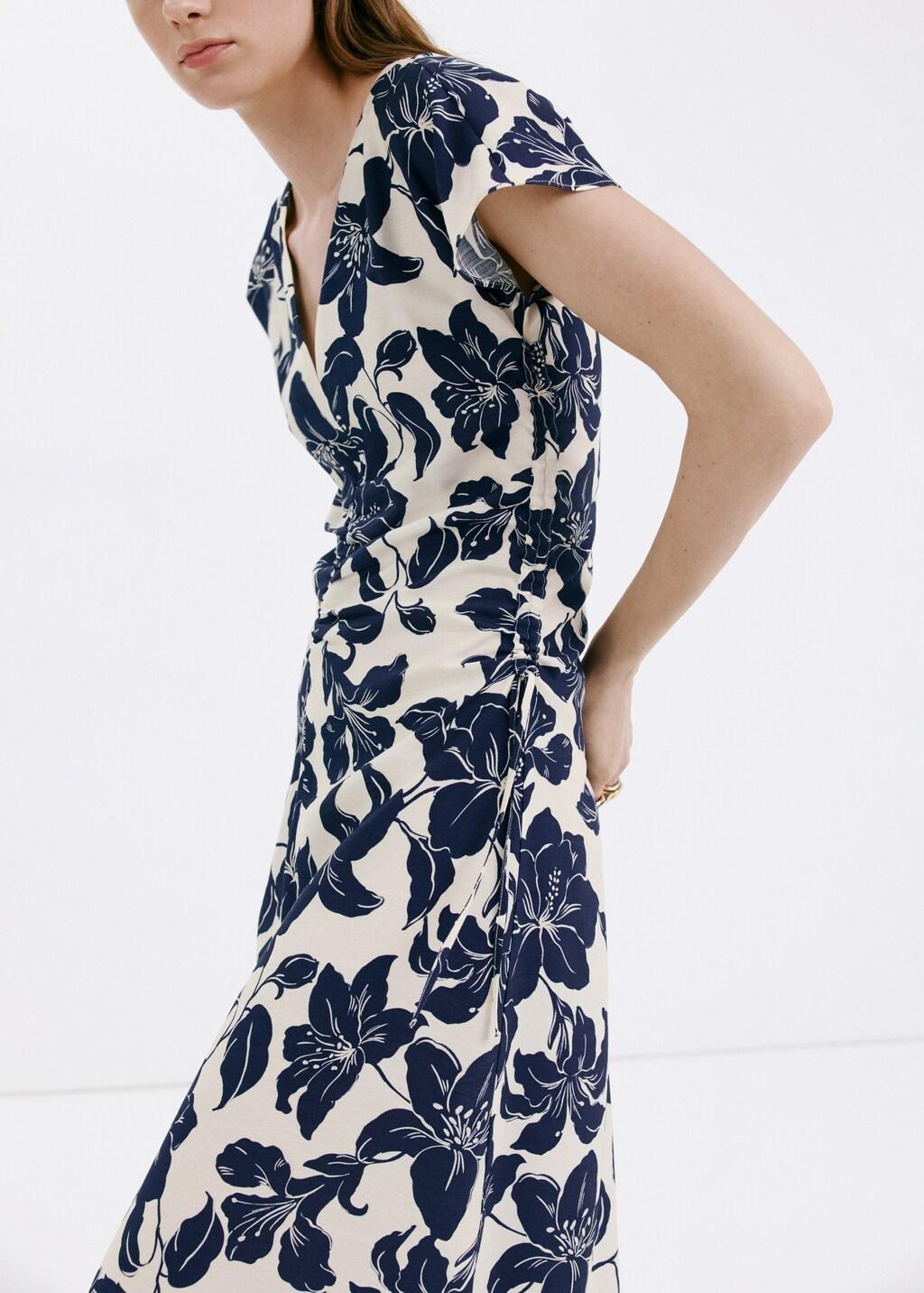 Beige Side Ruched Floral Dress, Light Beige, large image number 4
