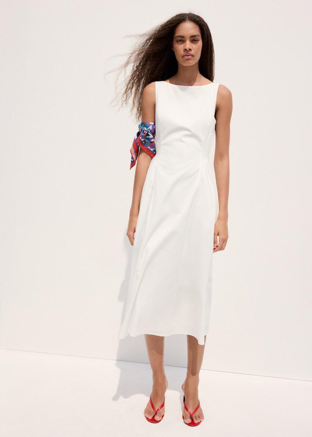 White Boat-Neck Ruched Dress, White, large image number 0