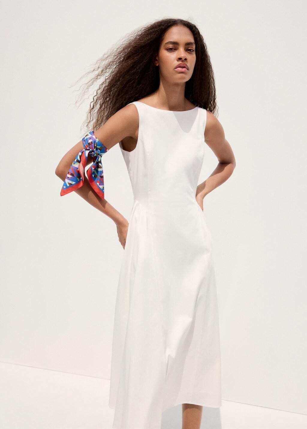 White Boat-Neck Ruched Dress, White, large image number 3