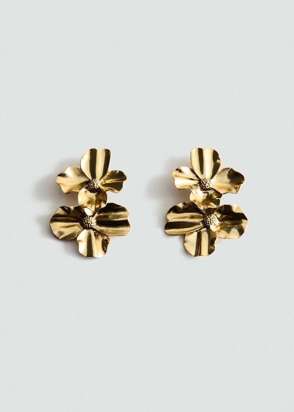 Gold Flower-Design Earrings, Gold, large image number 3