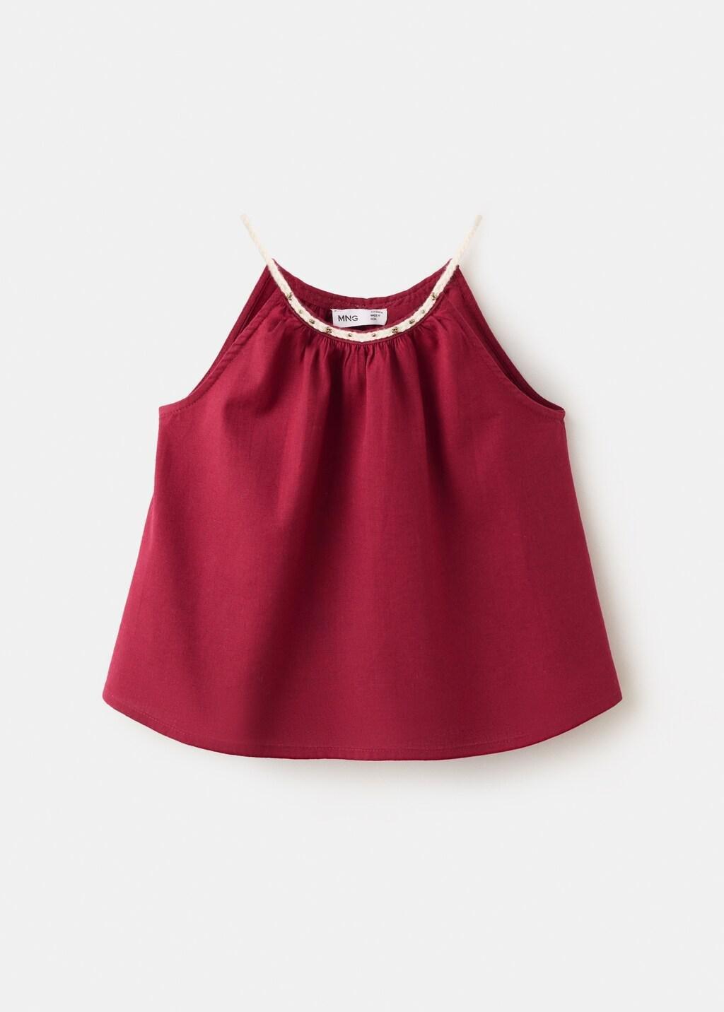 Red Linen Cotton Blouse With Embroidery Detail, Baby Girls, Dark Red, large image number 0