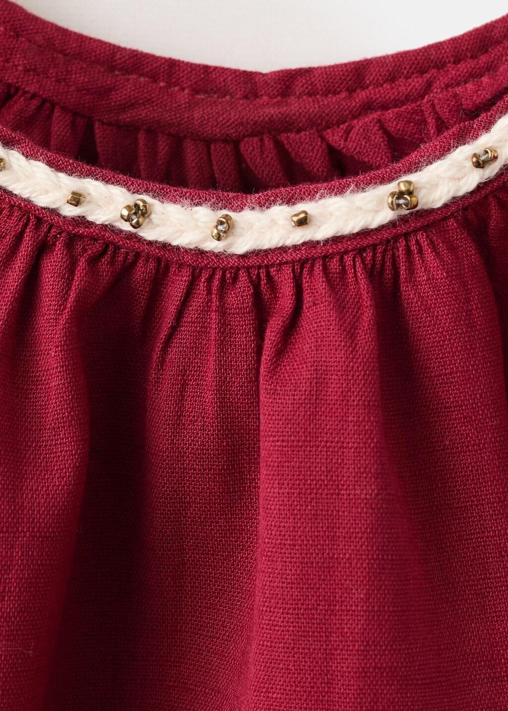 Red Linen Cotton Blouse With Embroidery Detail, Baby Girls, Dark Red, large image number 3