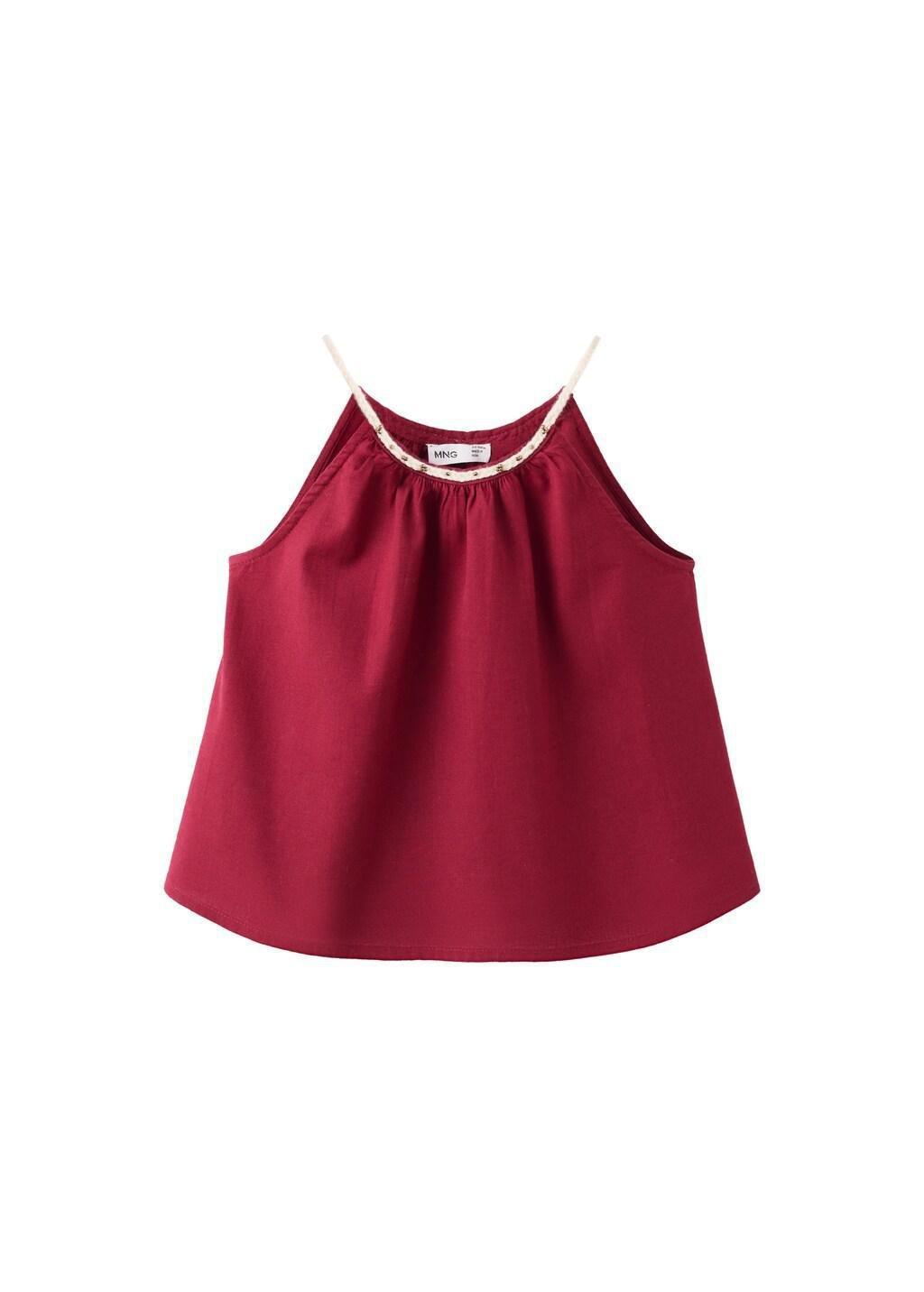 Red Linen Cotton Blouse With Embroidery Detail, Baby Girls, Dark Red, large image number 4