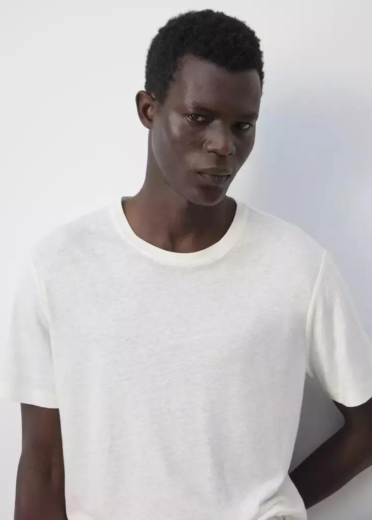 White Linen Blend Slim Fit T-Shirt, White, medium