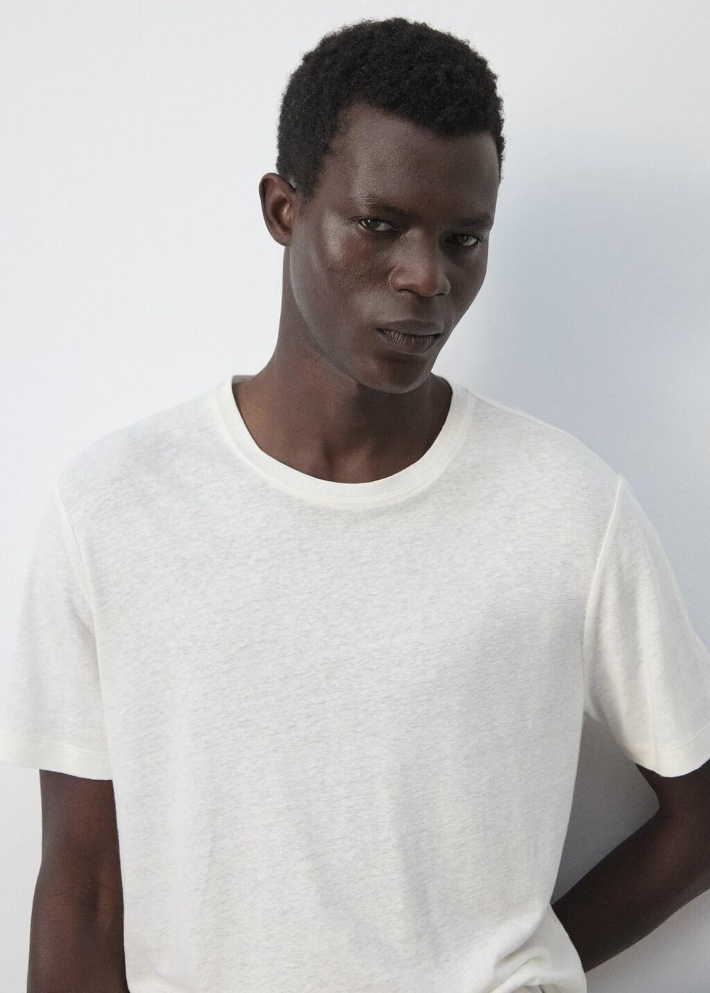 White Linen Blend Slim Fit T-Shirt, White, large image number 3