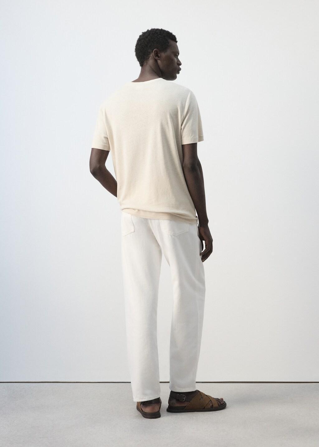 Beige Linen Blend Slim Fit T-Shirt, Light Beige, large image number 2