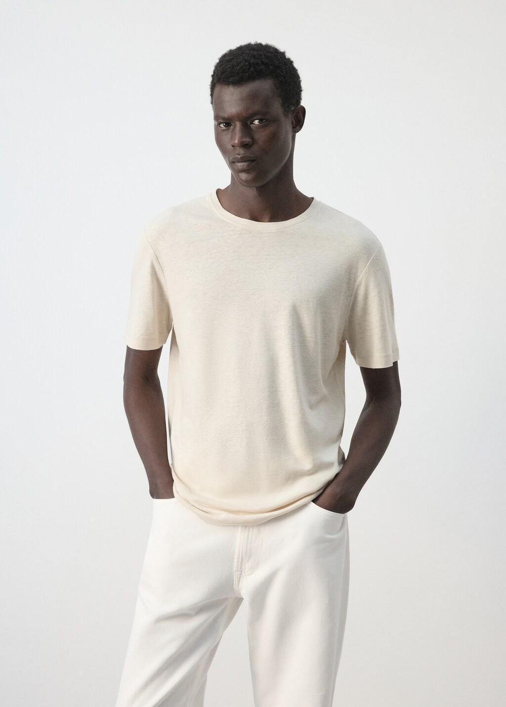 Beige Linen Blend Slim Fit T-Shirt, Light Beige, large image number 3