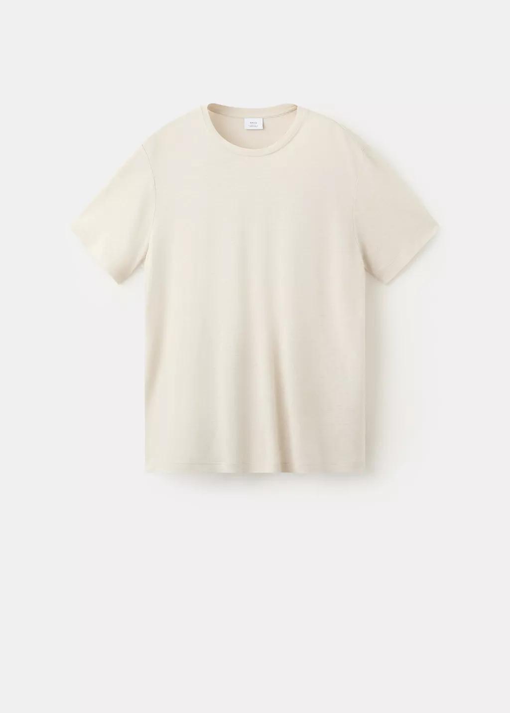 Beige Linen Blend Slim Fit T-Shirt, Light Beige, large image number 7
