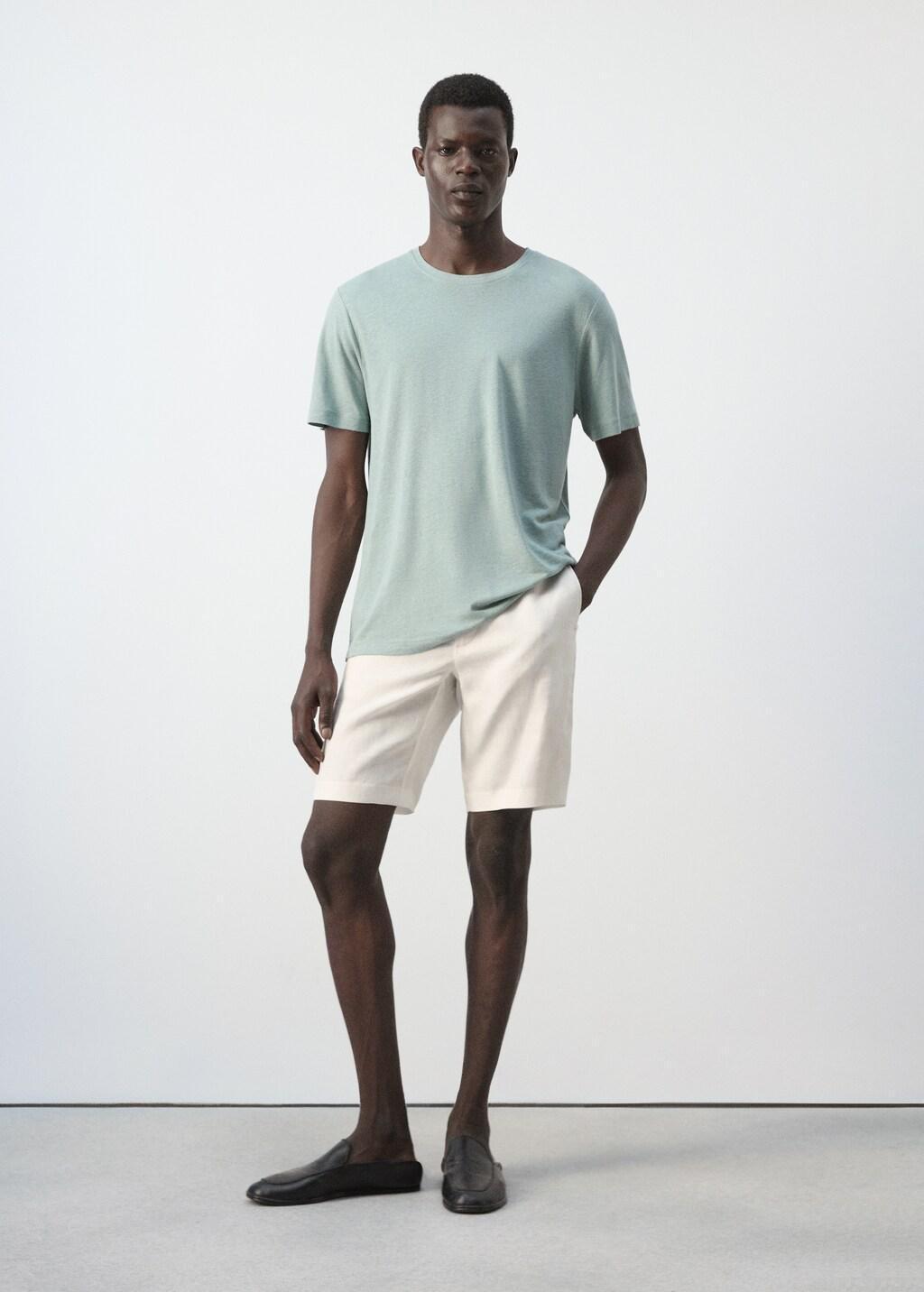 Green Linen Blend Slim Fit T-Shirt, Bright Green, large image number 0