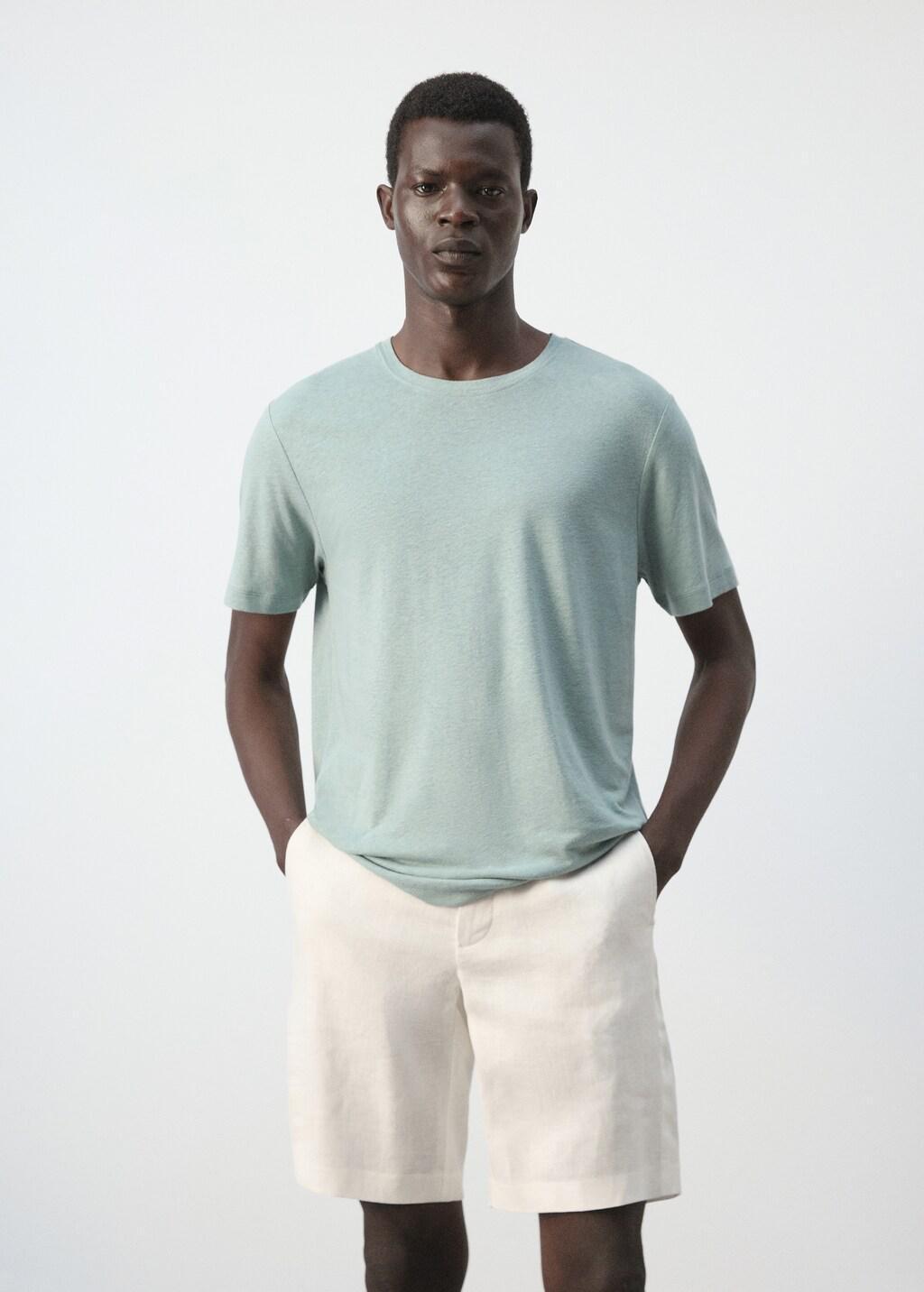 Green Linen Blend Slim Fit T-Shirt, Bright Green, large image number 3